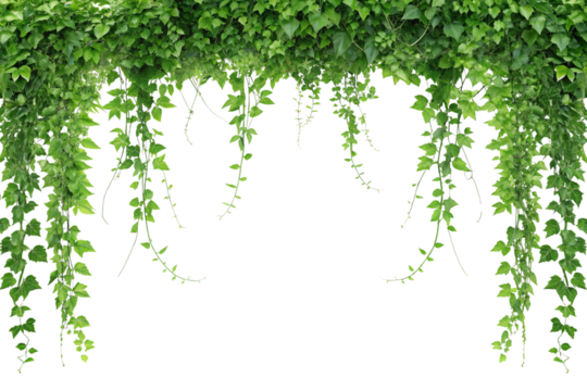 Lush Green Ivy Vines Hanging Border, Isolated on White Background. Earth Day