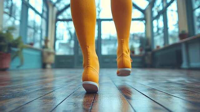 Yellow shoes on wooden floor