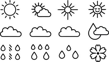Weather Icons Sun, Cloud, Rain, and Flower Line Art Illustrations