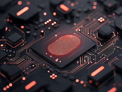 Red Fingerprint on Dark Circuit Board Digital Security Concept - Powered by Adobe