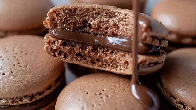 A close up of chocolate macarons
