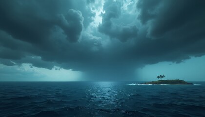 Stormy Ocean Scene with Dark Clouds and Small Island with Palm Trees