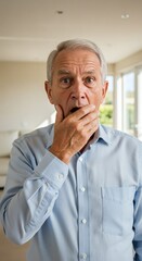 Shocked senior man covering mouth with hand expressing surprise concept
