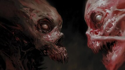 Two grotesque humanoid creatures with exposed teeth and blood facing each other on a dark background