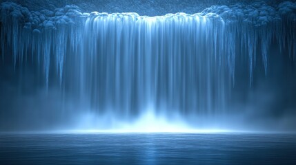 Frozen Waterfall Cascading into Serene Pool at Night