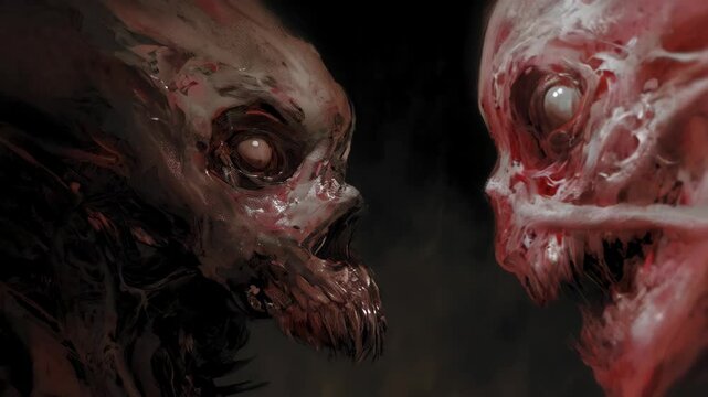 Two grotesque humanoid creatures with exposed teeth and blood facing each other on a dark background