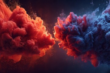 Red And Blue Smoke Clouds Colliding In Dark Background