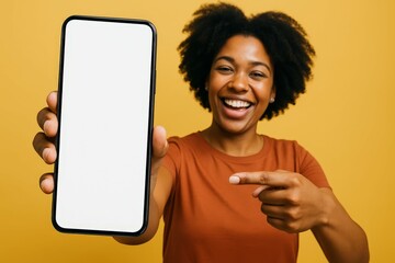 Smiling African-American Woman Holding Smartphone with Blank Screen for App Mockup, UI Design, or Branding