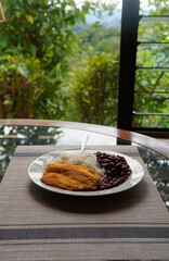 Rice and beans accompanied by a breaded tilapia fillet. Healthy Costa Rican lunch.