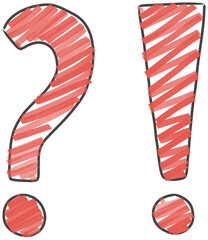 Red scribble hand-drawn exclamation and question marks on a transparent background for creative design and graphics. Cutout PNG file