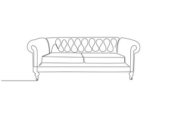 Continuous one line drawing of couch or sofa with lamp and potted plant. Modern furniture simple linear style vector illustration