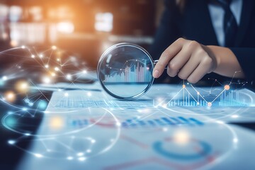 Financial Analysis: Magnifying Glass Over Graphs with Digital Network Overlay.