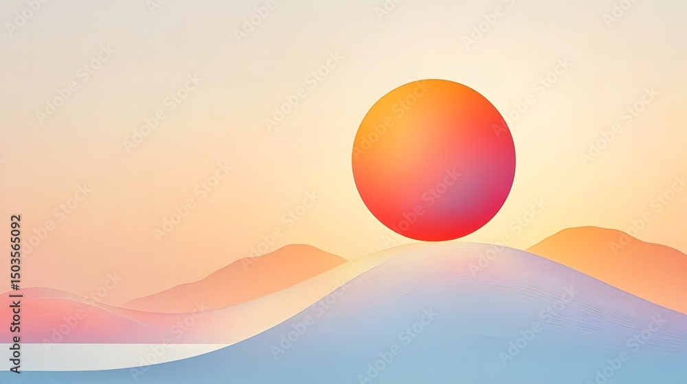 Poster abstract landscape with vibrant sphere and soft color gradients