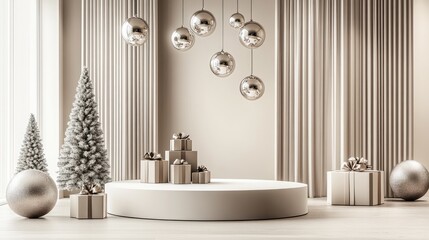 Fototapeta premium Minimalist christmas scene with silver ornaments and presents on a podium.