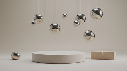 Abstract beige scene with reflective spheres and a podium.