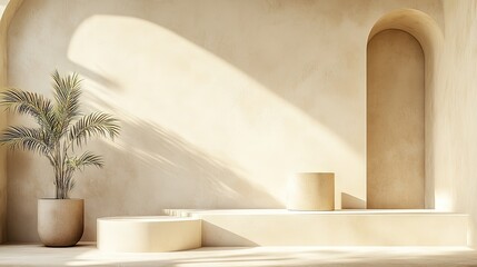 Fototapeta premium Beige interior scene with potted plant and display podium.