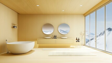 Fototapeta premium Modern beige bathroom with panoramic mountain view.
