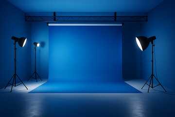 Professional Photography Studio Setup with Blue Backdrop and Lighting Equipment