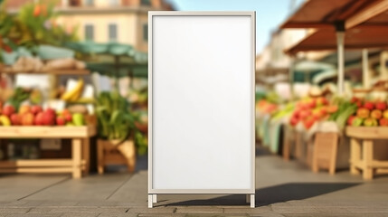 Vertical white billboard with blank display at outdoor farmers market, surrounded by fresh produce stands, blurred background, perfect for food event advertising or local business promotions
