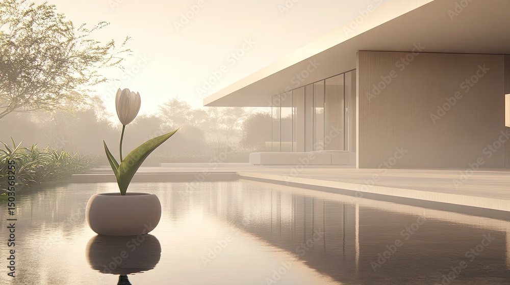 Poster modern minimalist architectural scene with a single tulip in a small pot.