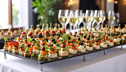 An elegant arrangement of assorted gourmet canapés is beautifully displayed on a table, with sparkling wine glasses lined up in the background for a sophisticated celebration.