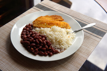 Rice and beans accompanied by a breaded tilapia fillet. Healthy Costa Rican lunch.