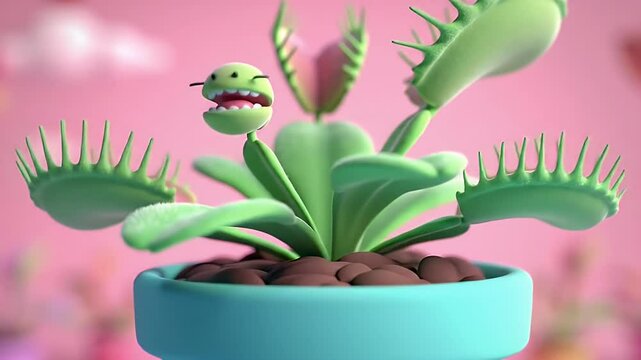 Cute Cartoon Style Venus Flytrap in Turquoise Pot Animated 3D Render on Pink Background A Playful Children Book Illustration Style Isolated Still Life