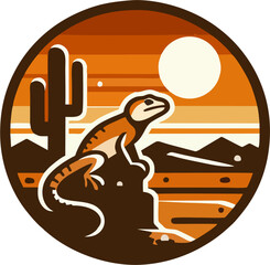 Retro Desert Lizard Vector Emblem with Cactus and Sunset in Southwestern Landscape