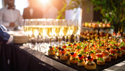 An elegant arrangement of assorted gourmet canapés is beautifully displayed on a table, with sparkling wine glasses lined up in the background for a sophisticated celebration.