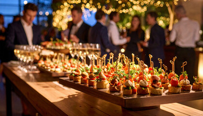 An elegant evening event features a beautifully arranged table of gourmet finger foods and cocktails, while well-dressed guests socialize under warm decorative lights in a festive atmosphere.