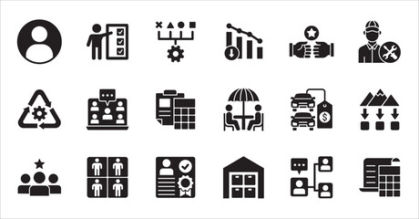 Business company and Management icon set. Contains symbol of teamwork, target, market, global, success, customer service, leadership, holiday, asset, meeting, entrepreneur. Vector illustration