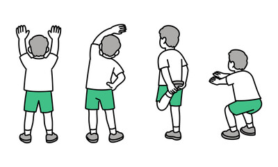 後ろ姿のシニア男性によるストレッチ運動ポーズ集