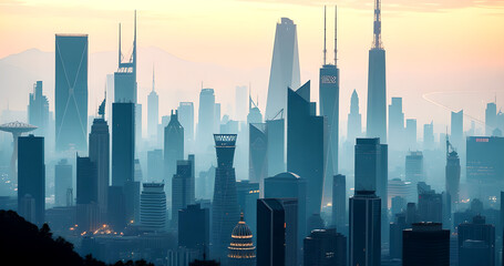 city skyline at sunset