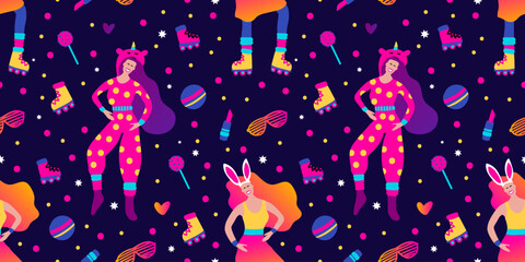 Whimsical  Girl In Pajama Or Costume With Rollers Makeup And Party Elements Seamless 80s Vector Pattern