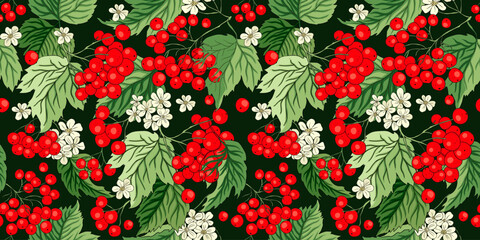 Viburnum Berry Leaf  Floral Seamless Vector Pattern Element Botanical Ukrainian Symbol Forest Garden Background
