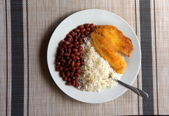 Rice and beans accompanied by a breaded tilapia fillet. Healthy Costa Rican lunch.