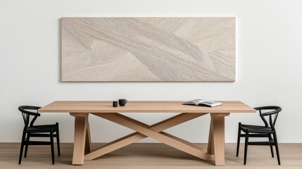 Light beige abstract artwork above a large, light brown wooden dining table.