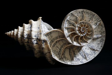 Sea shell section reveals Fibonacci sequence pattern and mathematical equations on a dark backdrop
