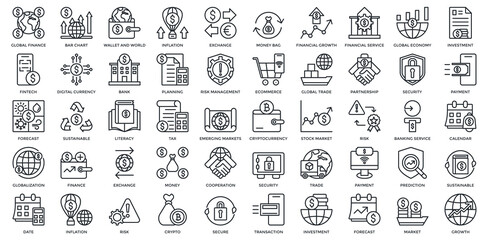 Global Finance icon set. Containing inflation, exchange, growth, financial service, global economy, investment. Outline style