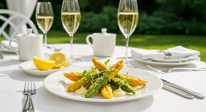Chic white brunch table under sunny garden canopy. Gourmet brunch features fried zucchini blossoms, aioli, microgreens, and lemon zest. Elegant brunch setting perfect for stylish restaurants and culin