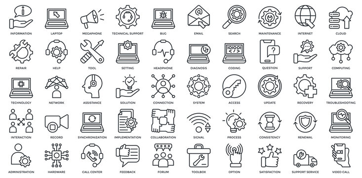 Tech Support icon set. Containing information, technical support, email, help, assistance, solution, technology. Outline style