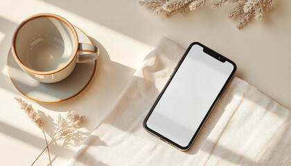 Minimalist smartphone on a white cloth next to a cup of coffee  