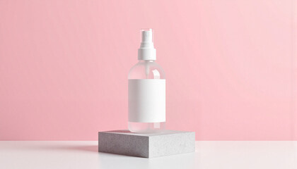 Clear spray bottle on a concrete pedestal against a pink background  