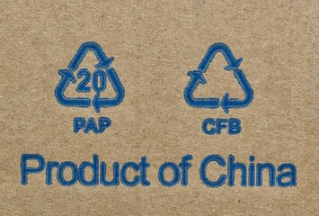 Product of China label with PAP 20 CFB recycling codes on cardboard box.