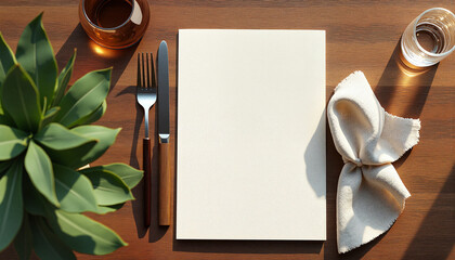 Minimalist dining table setup with blank menu, utensils, and plant  
