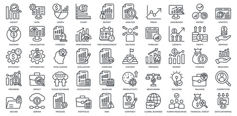 Business Analytics icon set. Containing insight, data, report, analysis, statistic, strategy. Outline style