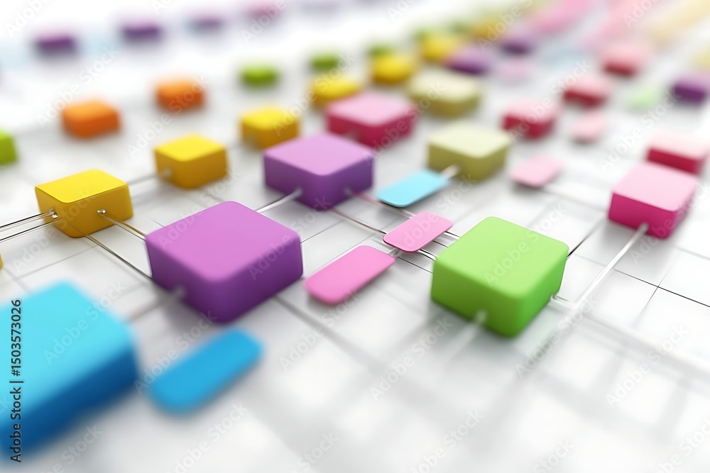 Wall mural interconnected colorful cubes: abstract network of pastel blocks and ellipses on white grid.