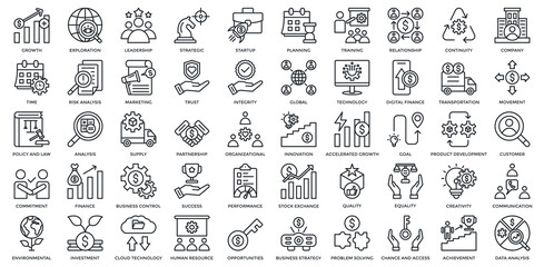 Business Development icon set. Containing growth, exploration, leadership, strategic, planning, training. Outline style