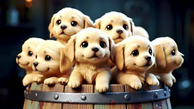 Delightful 3D Kawaii Puppies Inside Rustic Wooden Barrel with Big Expressive Eyes Cartoon Style Reminiscent Of Children's Book Illustrations in Warm and Joyful Ambeince