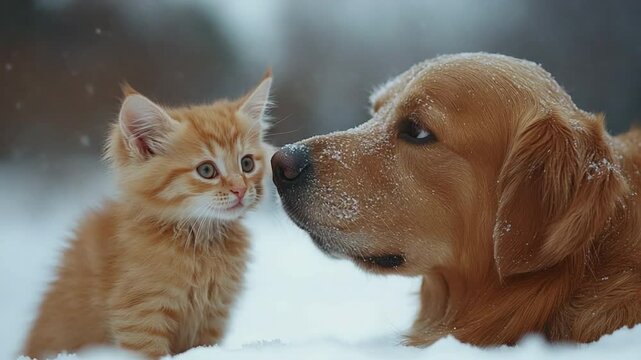 Inseparable Friends: A tender moment shared between a golden retriever and a kitten in a winter wonderland, capturing their friendship. 